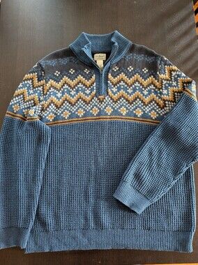 L.L.Bean Men's Organic Cotton Fair Isle Quarter-Zip Waffle Sweater XL